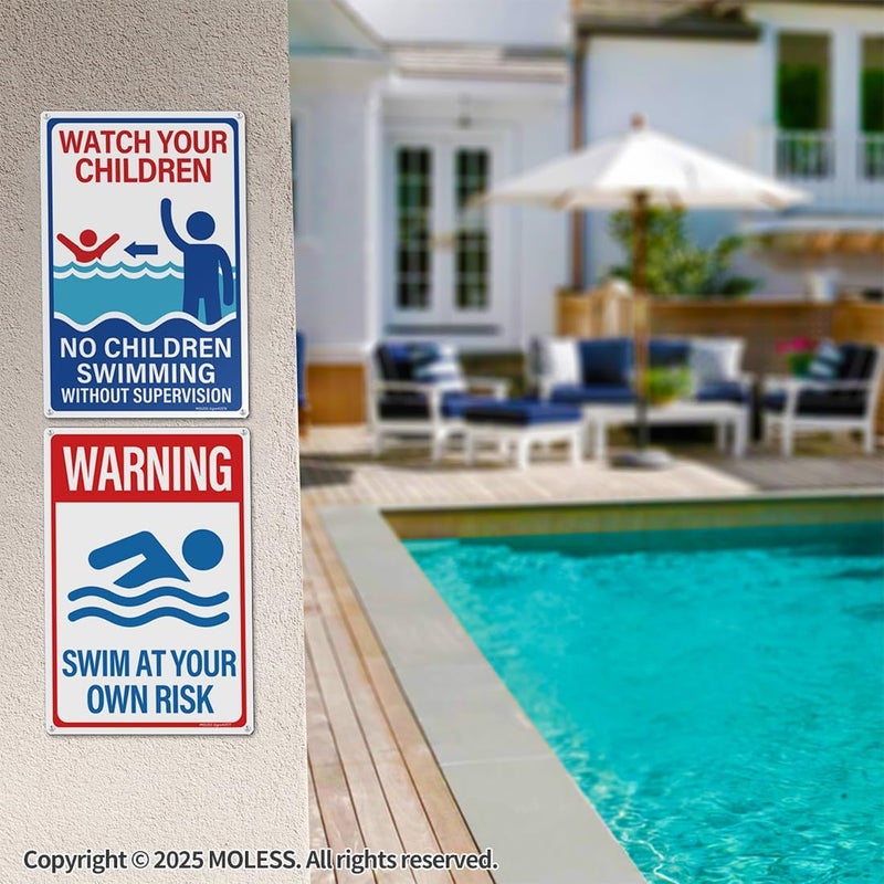 MOLESS 2 Pack Pool Safety Signs Bundle – 12x8 Inch Pool Signs for Outside Outdoor Decor, Watch Your Children & Swim at Your Own Risk, Durable 0.040 Aluminum Weatherproof, Easy to Mount, PSP-2503 - Image 3